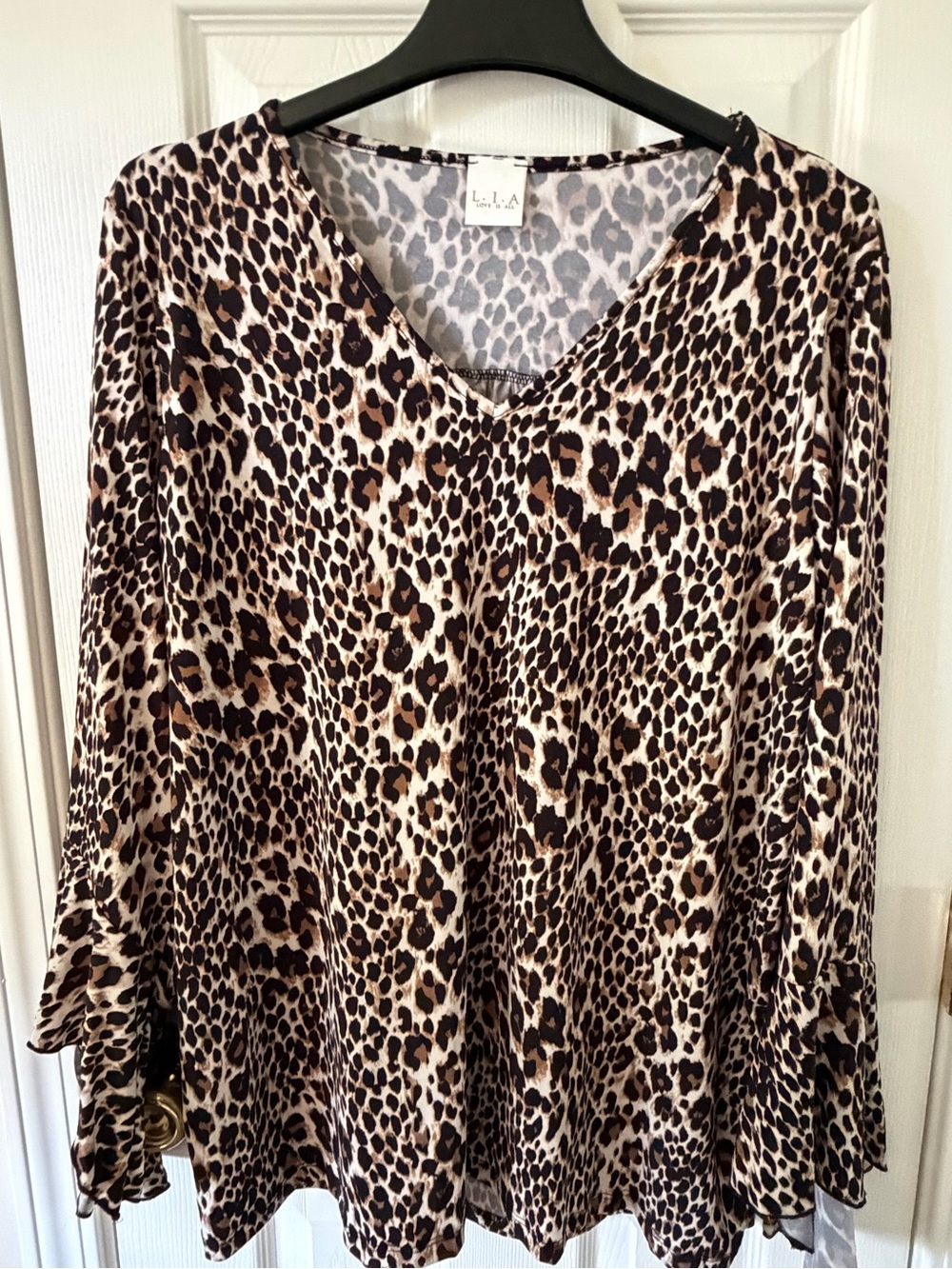 LIA (Love is All) Women's Leopard Print V-Neck Long Angel Sleeve Top - Brown